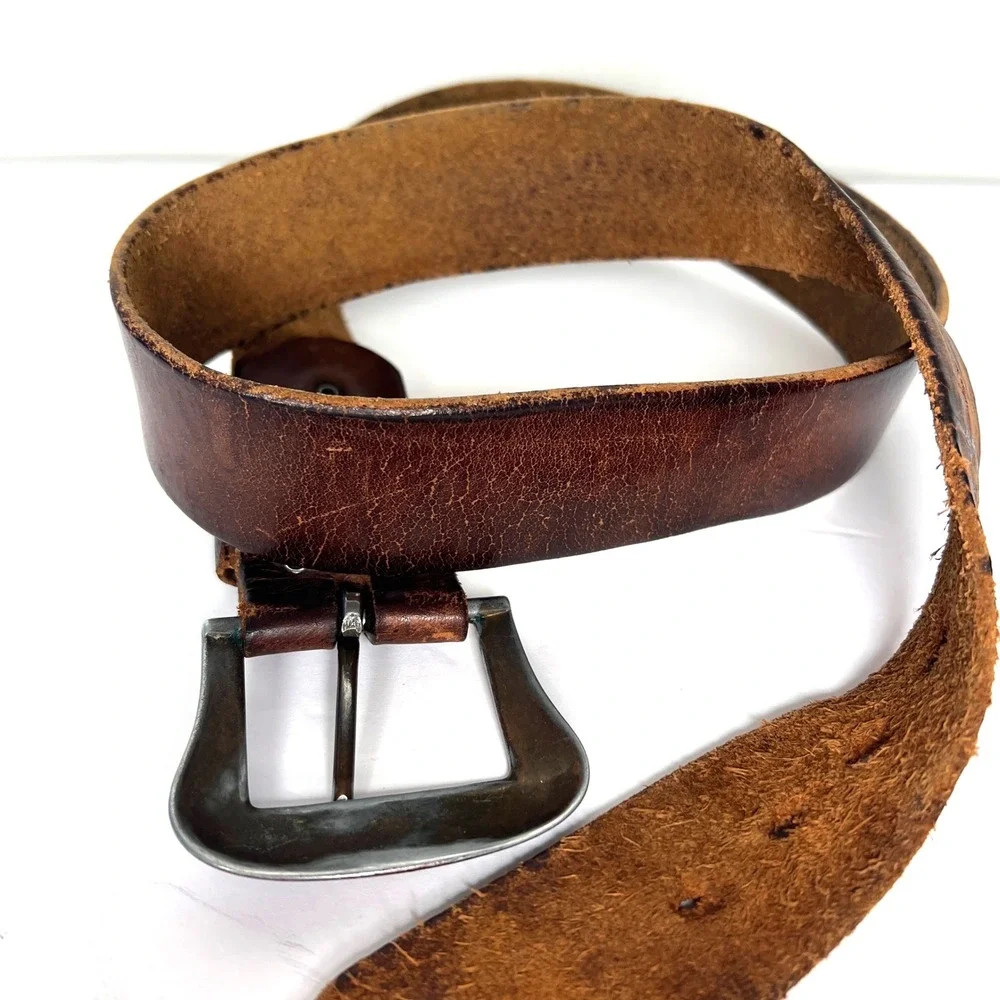 Mens Leather Belt Distressed Brown Silver Buckle Western Cowboy Style Size‎ 36